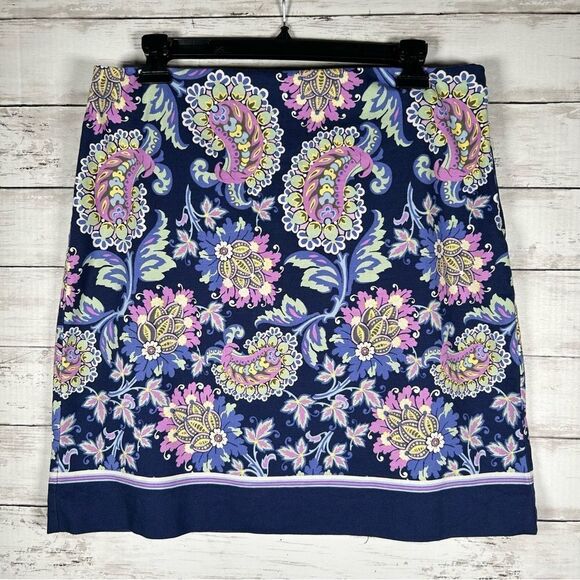 Talbots Skirt Blue Floral Paisley Canvas Cotton Spandex Lined 10 - Picture 2 of 6